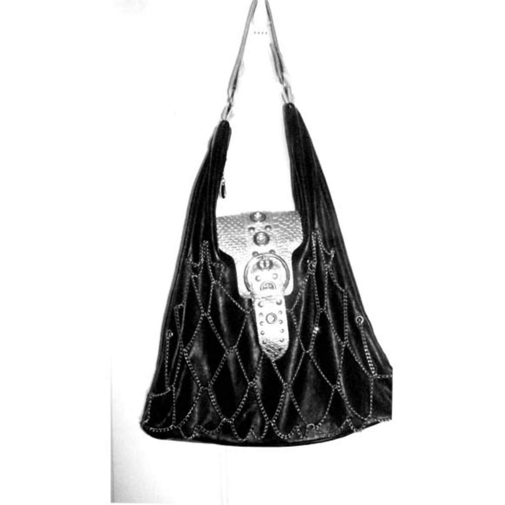 Black Faux Leather Handbag With Silver Chains